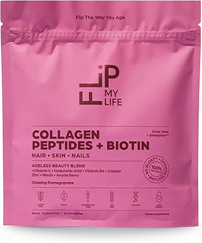 Flip My Life Péptidos de colágeno Power + Biotin Fórmula brillante de mezcla de belleza sin olor para cabello, piel y uñas juveniles suplementos
