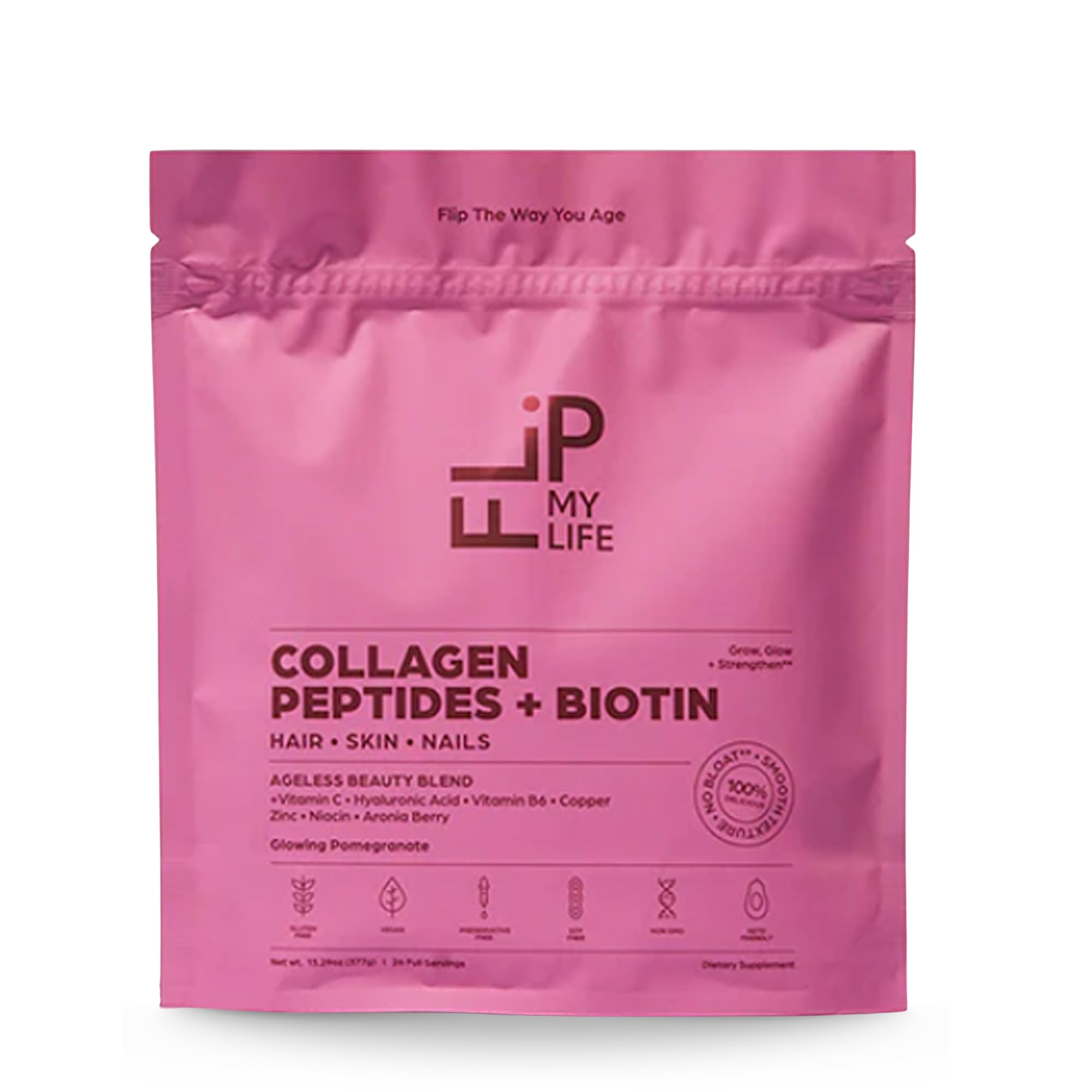 Flip My Life Collagen Peptides + Biotin, Hyaluronic Acid & Vitamin C - For Hair, Skin, Nails - Gut Health/Joint Support - Ageless Beauty Blend Supplement Powder for Men/Women - 9g Protein—26 Servings