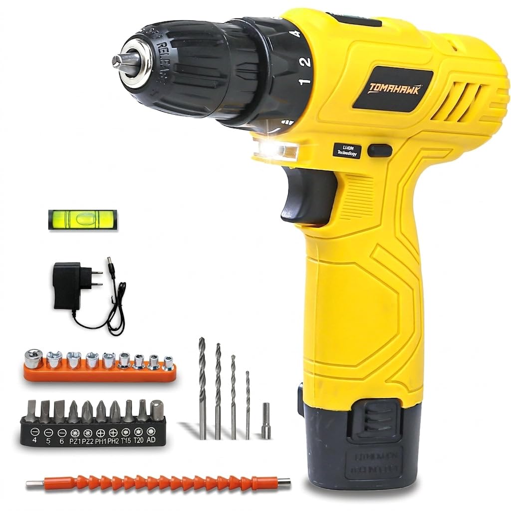 Tomahawk DMS-3000 12V Cordless Drill/Screwdriver | 10mm Keyless Chuck, 600 RPM, 24Nm Torque, 18+1 Settings | LED Light, Spirit Level, 1×1.5Ah Battery, Carry Case, 25-Piece Accessories | DIY & Home Use-image-25