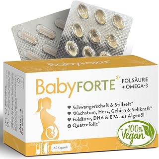 BabyFORTE Folsäure + Omega-3 | Algenöl | Alle Trimester | 18 Schwangerschaftsvitamine vegan | 60 Kapseln | Quatrefolic, Magnesium, Jod, DHA EPA Schwangerschaft | Stillzeit