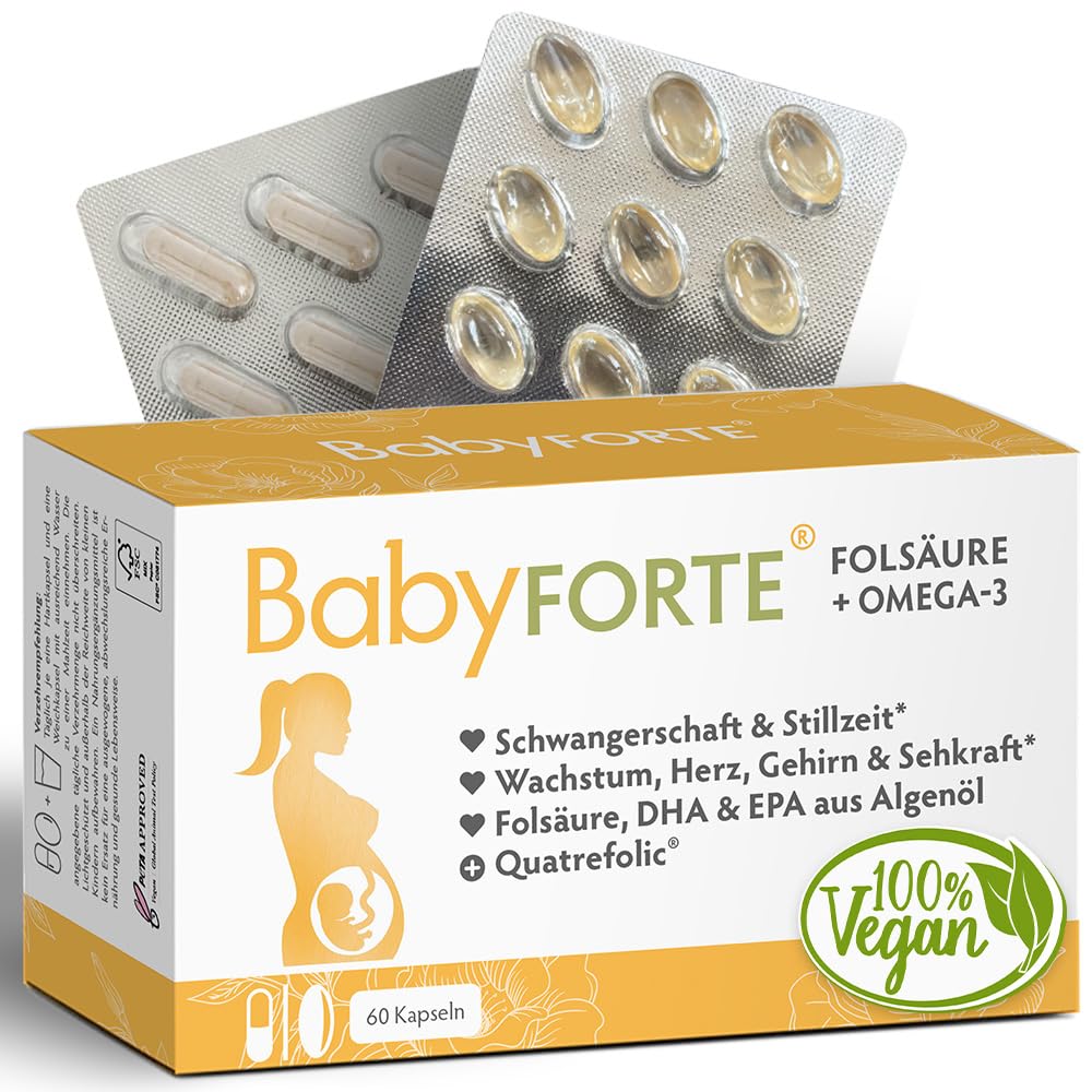 BabyFORTE Folsäure + Omega-3 | Algenöl | Alle Trimester | 18 Schwangerschaftsvitamine vegan | 60 Kapseln | Quatrefolic, Magnesium, Jod, DHA EPA Schwangerschaft | Stillzeit