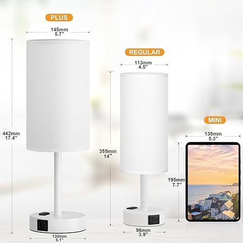 Vista 8 de Fenmzee Juego de lámparas de mesa pequeñas táctiles regulables de 2 a 3 vías, carga USB A + C, salida de CA, base de grano de madera, bombillas