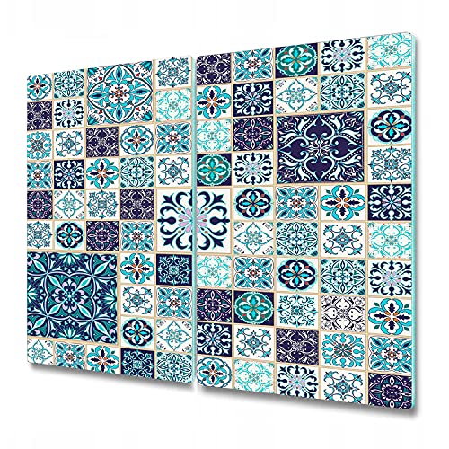 Coloray Glass Chopping Board 2X 11.8 x 20.5 inch / 2x30x52cm Cutting Board Splashback for Kitchen Worktop Tempered Safety Glass Protection - Beautiful Patchwork Blue and Grey