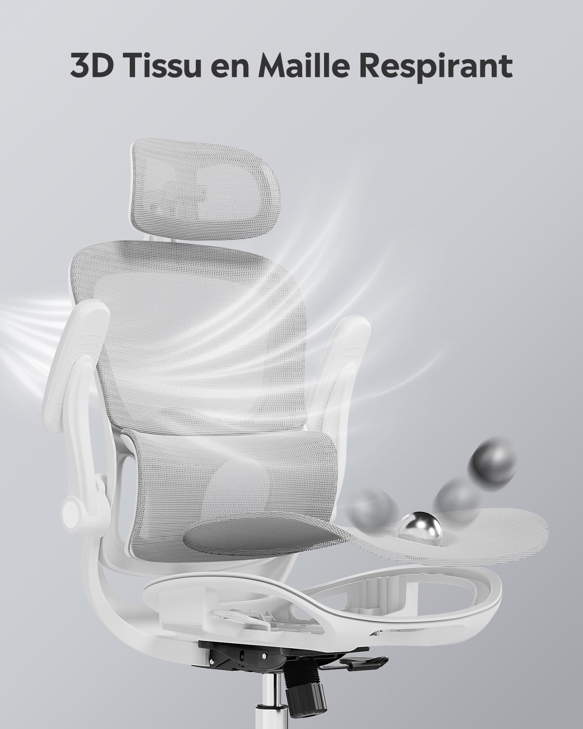 DEVAISE Chaise de Bureau Ergonomique, Fauteuil de Bureau avec Dossier Segmenté, Fauteuil de Bureau Grande en Maille Respirante, Support Lombaire & Appuie-tête réglable, Accoudoirs 3D, Blanc