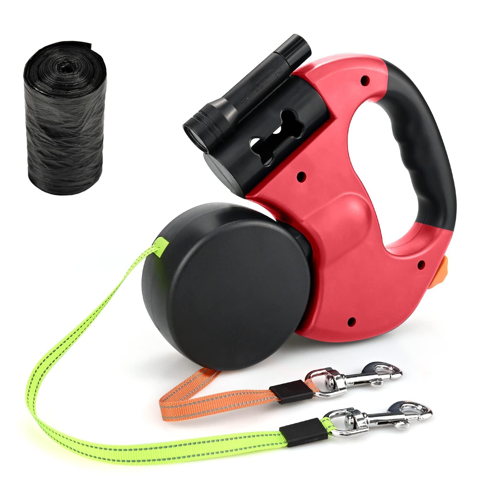 3M Double Retractable Dog Lead - Double Dog Lead, Heavy Duty Strong Dual Dogs Lead, 360° Rotating Anti-Tangle Design with LED Torch & Poop Bag Dispenser & Garbage Bag for Walking 2 Dogs (Red)