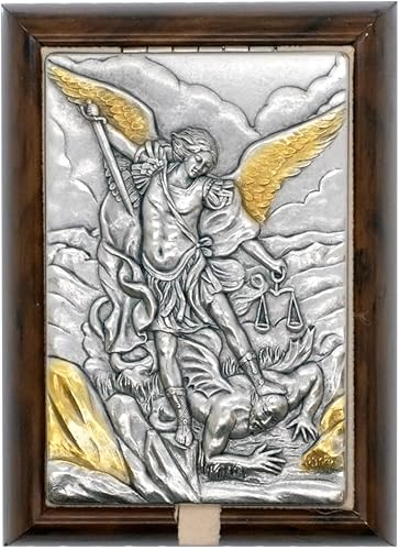 Caja de recuerdo de madera y metal de San Miguel | Patrón de la policía y los soldados | Caja de madera con tapa de placa de metal plateado | Gran