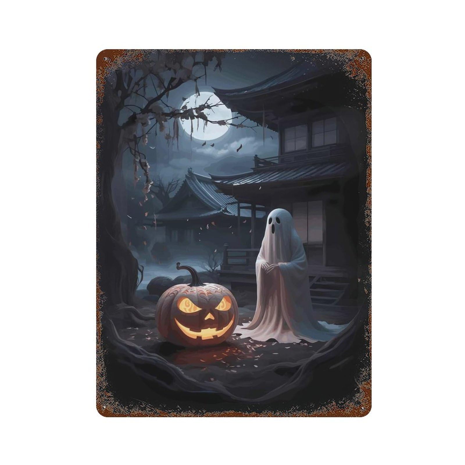 Weathered Tin Sign with Spooky Japanese Halloween Design 15.7"x11.8", for Basement, Hobby Room And Garage Decor, Industrial Home Decor