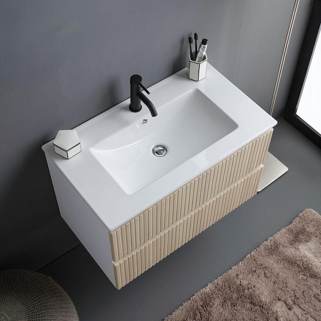 Kiamami Valentina - Mobile sospeso 100cm bianco con cassetti rovere cannettato e lavabo in ceramica | Bilbao