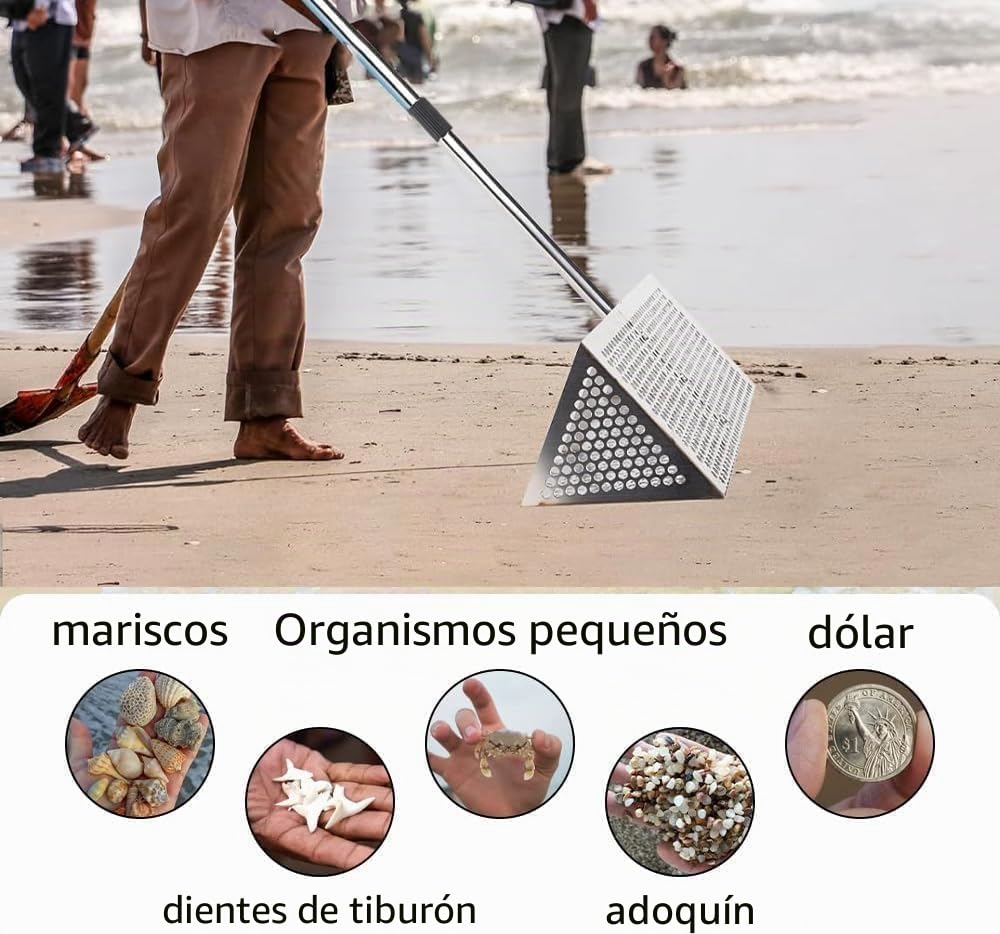 Juego de rastrillo para pulgas de arena, tamiz de arena de playa de acero inoxidable con cesta ancha de dientes de tiburón de 15.8 pulgadas, rastrillo de arena hueco de acero al carbono, rastrillos de