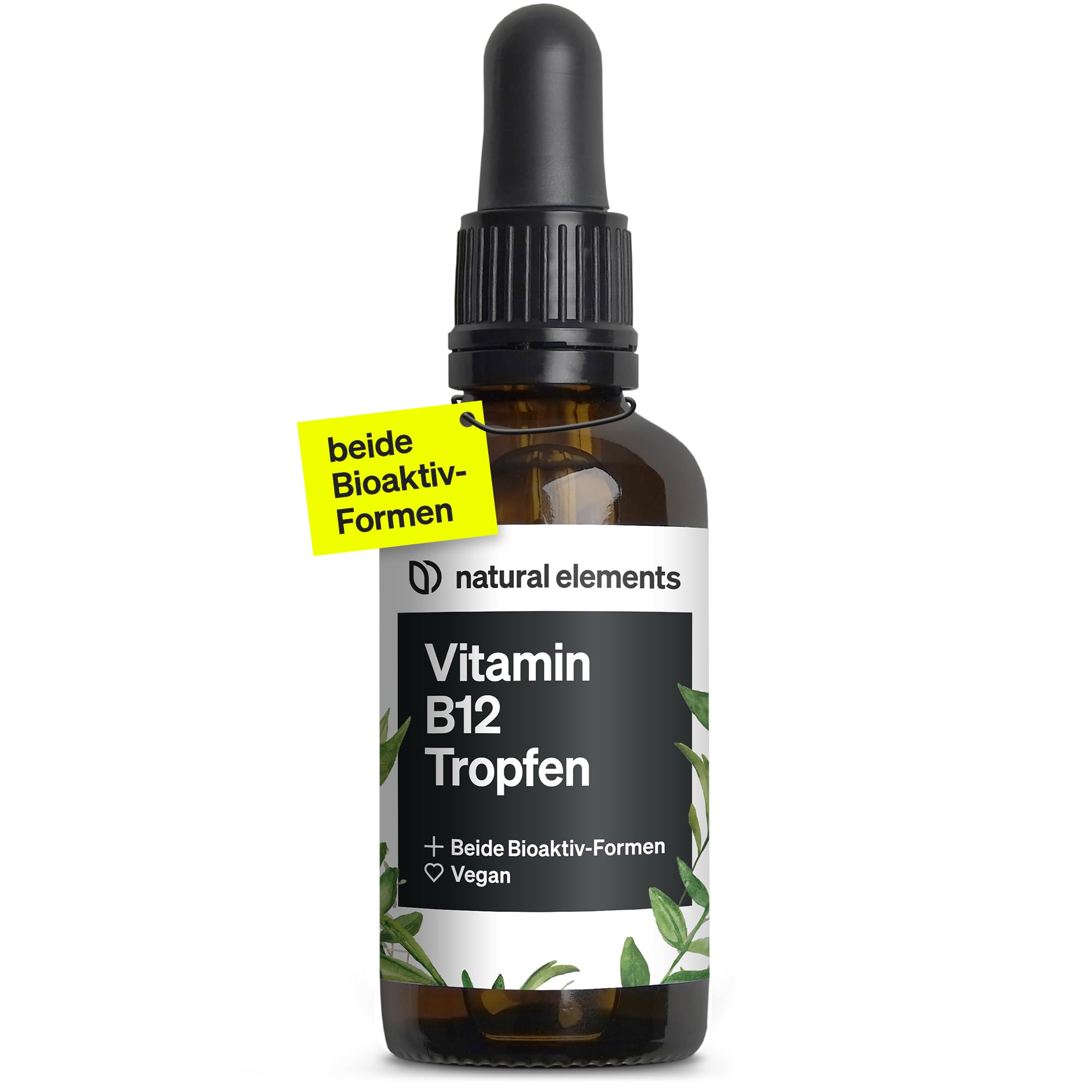 natural elements Vitamin B12 Tropfen – 50ml – 500µg B12 pro Tropfen – Jahresvorrat – 2 Aktivformen (Methyl- & Adenosylcobalamin) – vegan, ohne Alkohol – in Deutschland sorgfältig laborgeprüft
