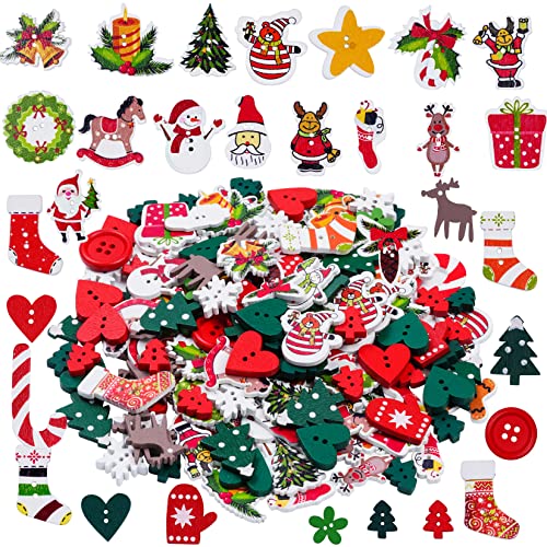 200 Pieces Christmas Wooden Buttons Assorted Christmas Art Craft Buttons for Handmade Project Mixed Sizes and Styles