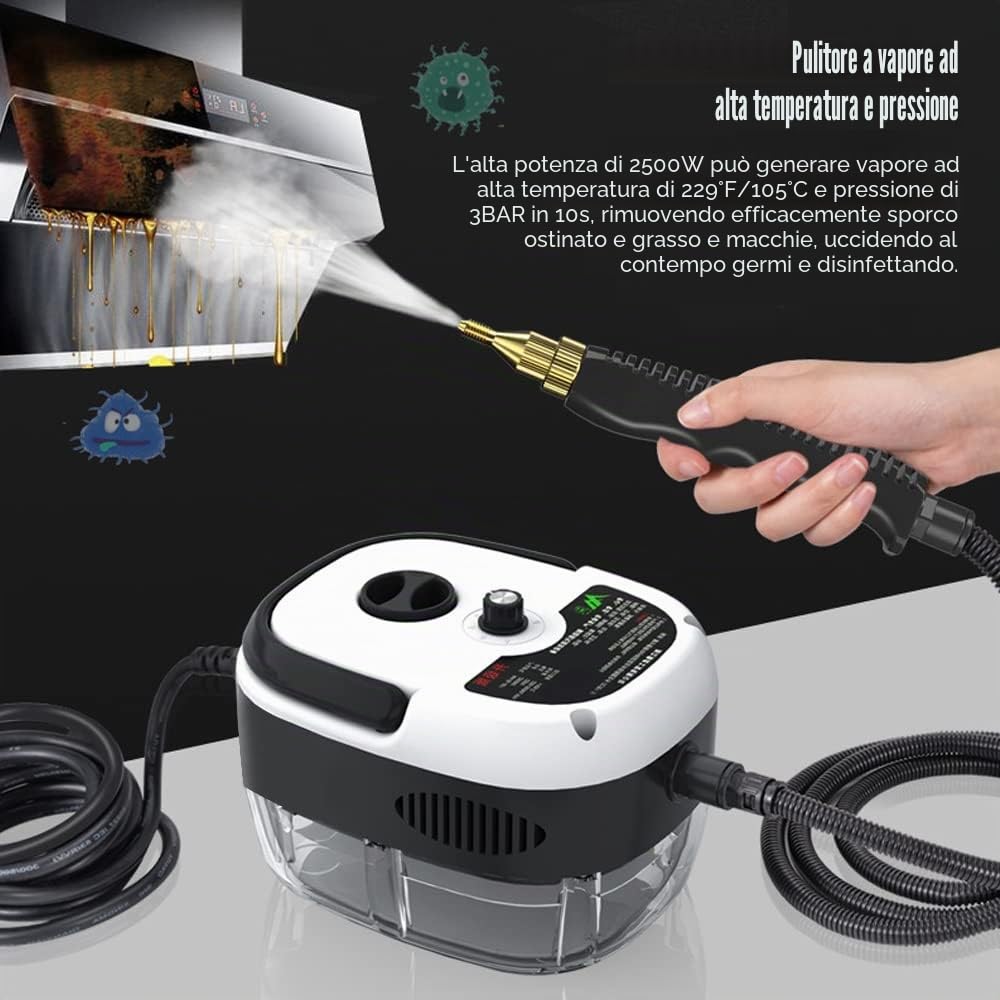 Andoer Pulitore A Vapore 2500 W Portatile Ad Alta Temperatura Con Testine per Mobili da Cucina, Bagno E Auto
