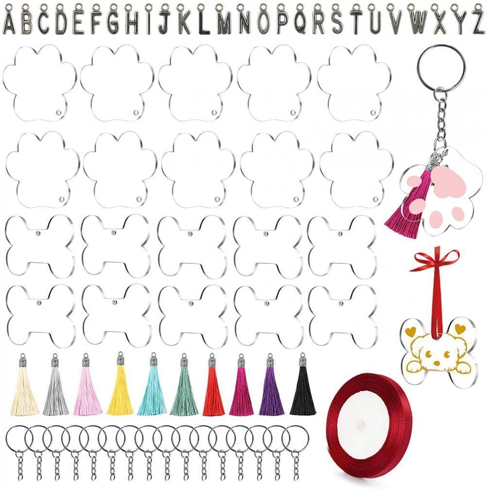 Goodern 34PCS Acrylic Paw Dog Bone Keychain Blanks with Tassels Kit,DIY Blank Pet Ornament Including Clear Paw and Dog Bone Shape Key Blanks Tassels Letter Key Chain Rings Jump Rings for Pet Lovers