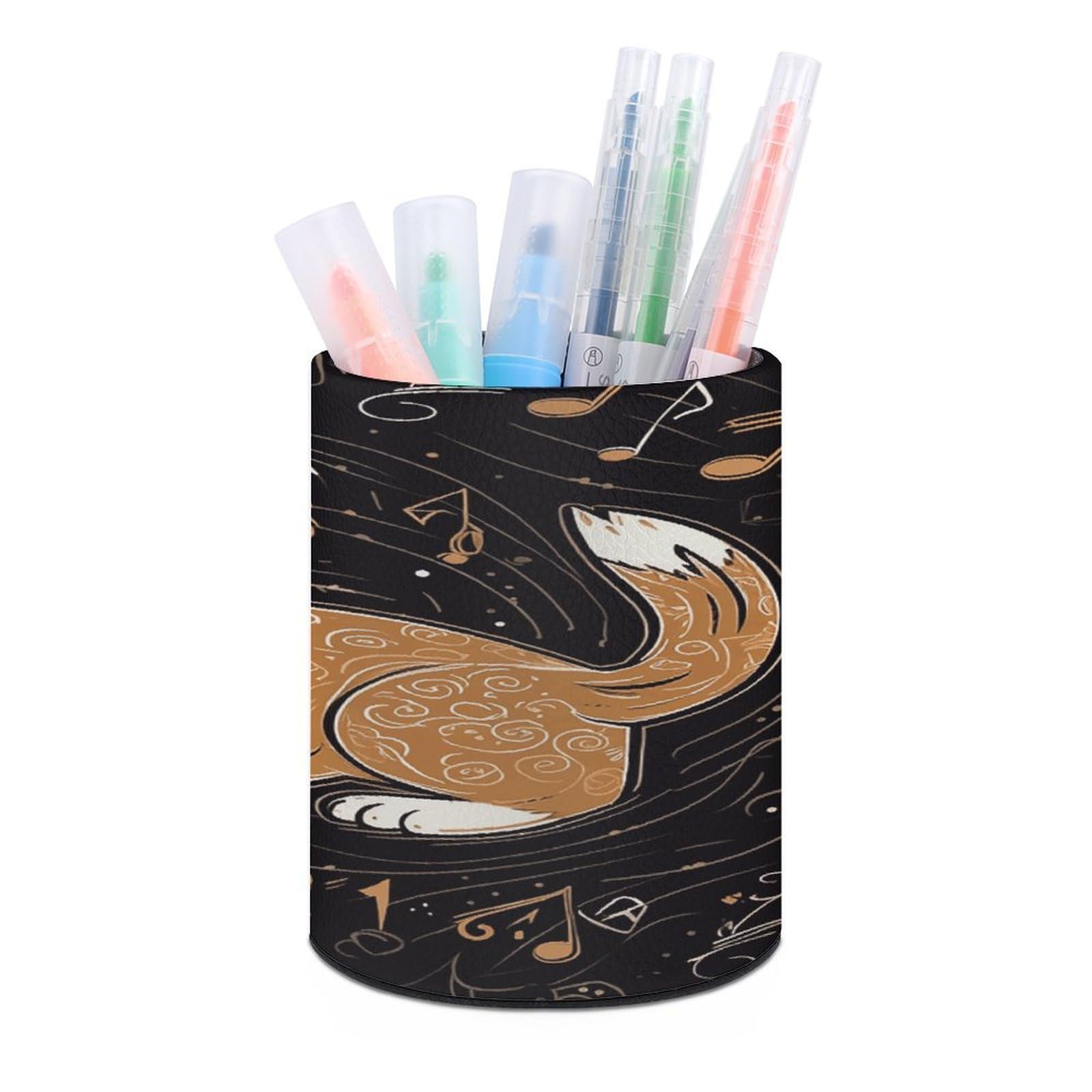 JTREHY Corgi Who Loves Music Pen Holder Round Pen Pencil Holder Makeup Brush Holders Cup PU Leather Pencil Cups Desktop Caddy Stationery Organizer Case Office Accessories Container Box