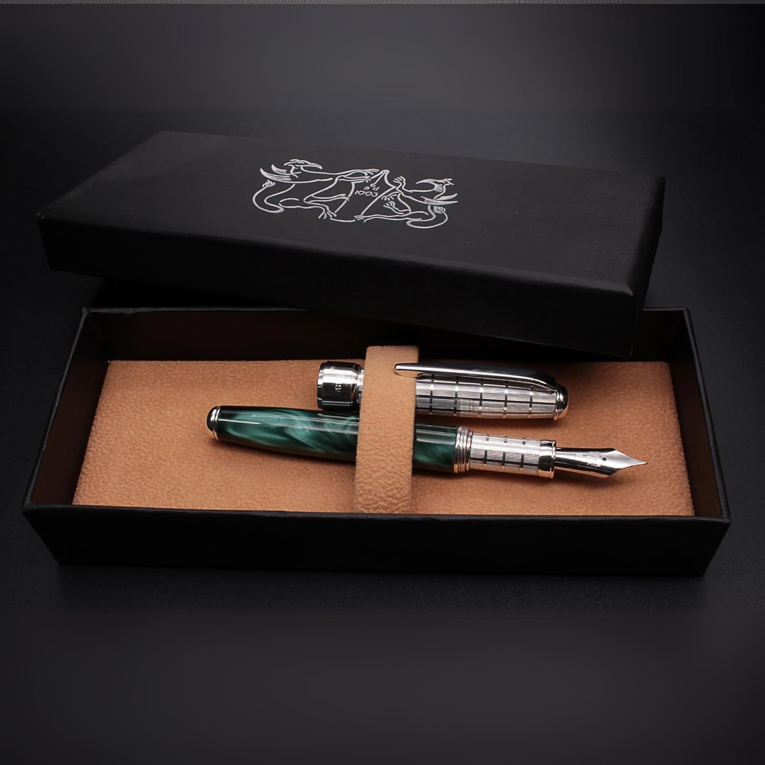 Grifos - Füllfederhalter aus Sterlingsilber und grünem Harz - Silberne Details - Nachfüllbares Schreibgerät - Handwerkliche Eleganz - Made in Italy