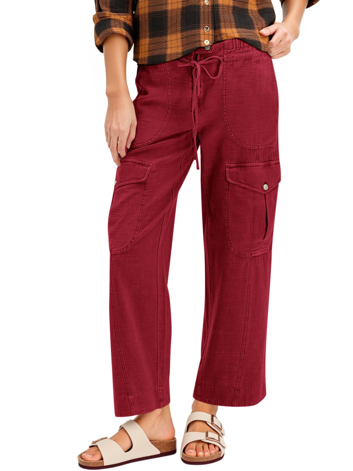 Cicy Bell Womens Cotton Cargo Pants Low Rise Drawstring Waist Wide Leg Casual Hiking Pants with Multiple Pockets