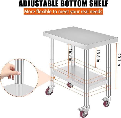 Miniatura 3 de TECSPACE Mesa de trabajo de acero inoxidable con ruedas de 30 x 18 pulgadas, mesa de trabajo comercial resistente con estante inferior y ruedas,