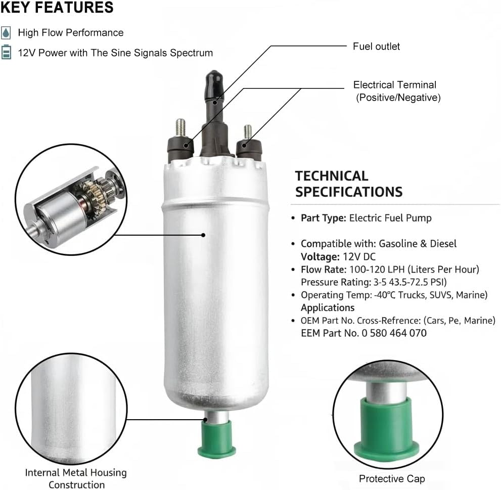Universal External In Line Fuel Pump High Pressure 12V Gasoline Fuel Injection Pump Replacement 0580464070 0580453911 0580463017 0580464056 0580464023 Silver Electric Injection Systems