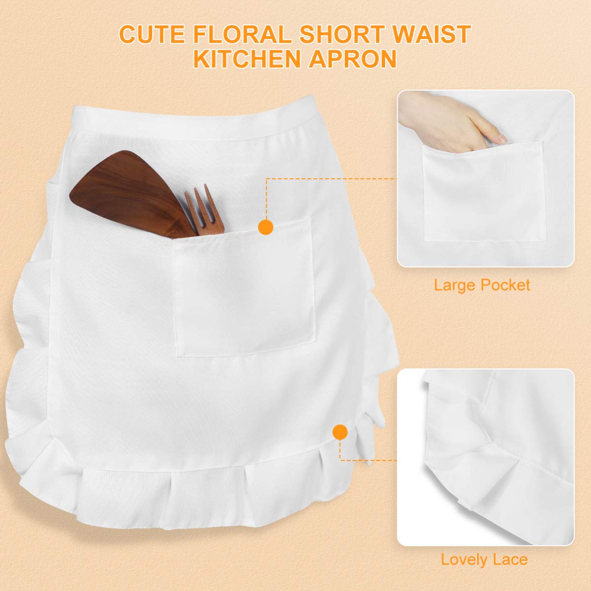 2Pcs Floral Lace Half Waist Apron with Pocket for Women White Short Waist Apron for Kitchen Cooking, Baking, Cleaning - Image 4