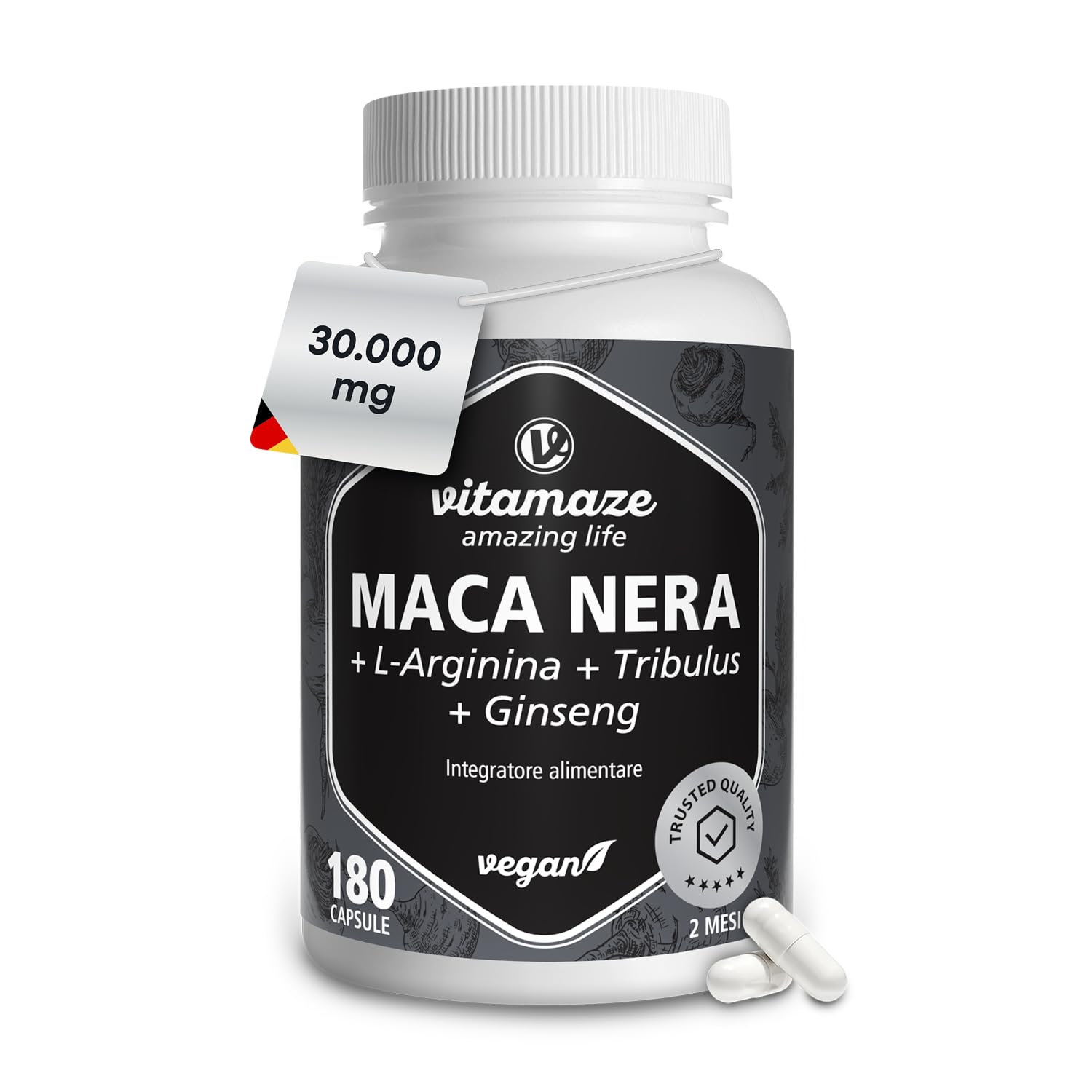 Complesso di Maca Nera Altamente Dosato, 30.000 mg per Dose Giornaliera, 500 mg di Estratto di Maca 20:1 con L-Arginina, Tribulus, Ginseng, Zinco, Vitamine B, 180 Capsule Vegane, Made in Germany