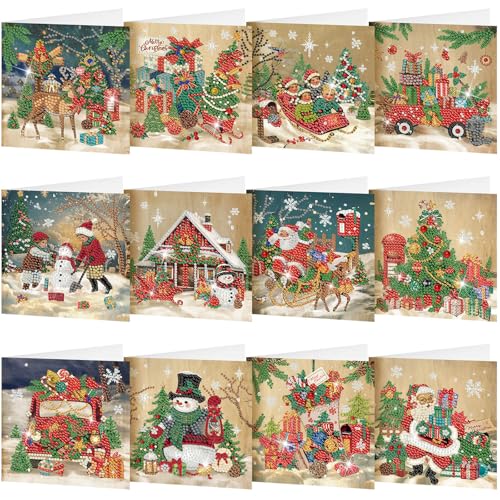 Saillong 12 Pack Vintage Christmas Diamond Painting Greeting Card Kits DIY Retro Christmas Diamond Art Cards with Envelopes Xmas 5D Rhinestones Painting for Adults DIY Craft Family Friend Xmas Gifts
