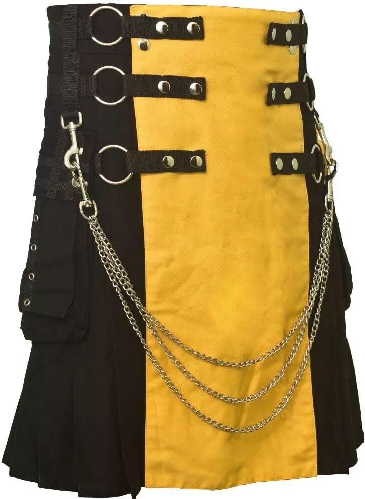 Deluxe Utility Kilt, Modern Hybrid Scottish Kilt Traditional Fashion Kilts with Chain 100% Cotton (Black & Yellow, 32)