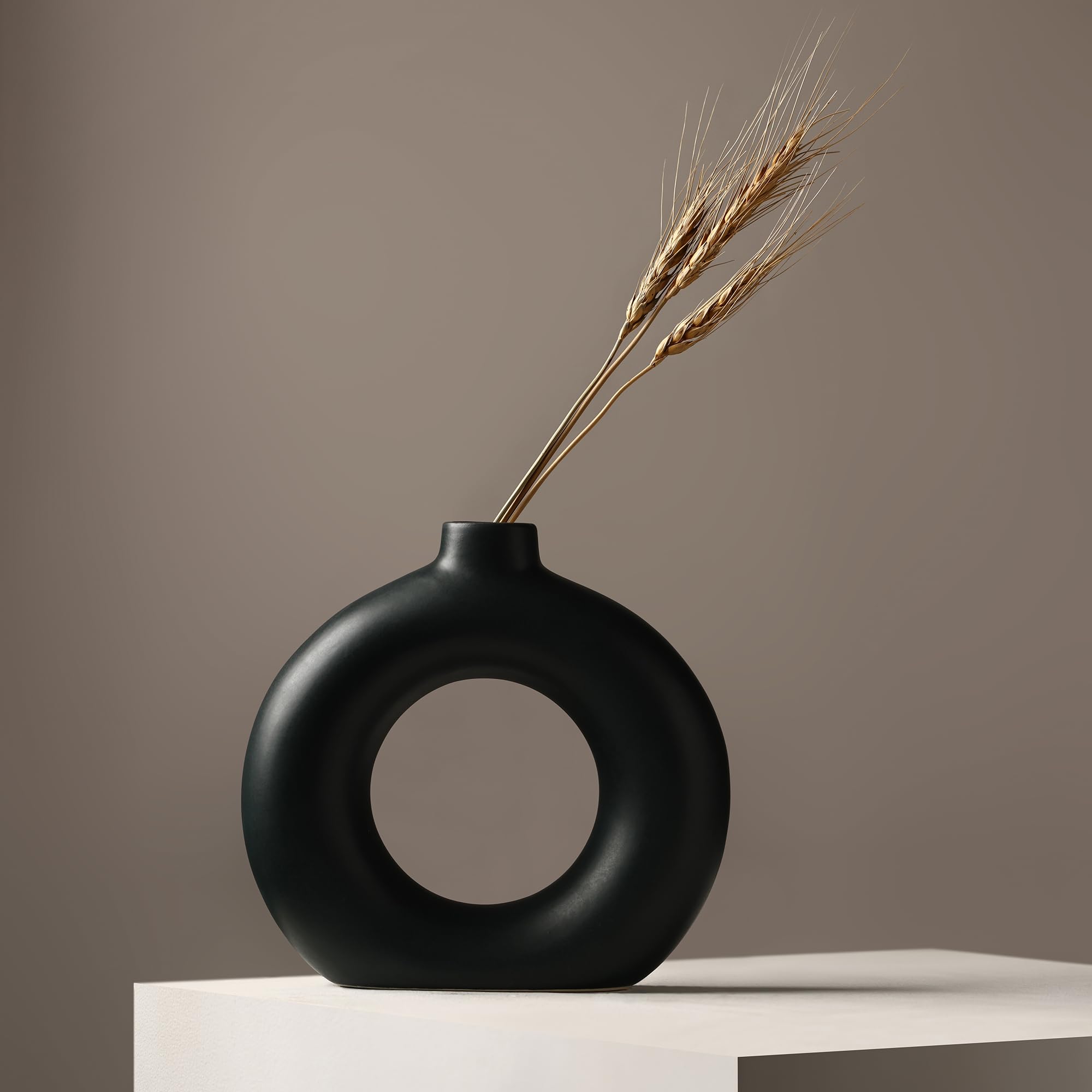 Earthly India Ceramic Donut Vase for Living Room, Modern Design Pampas Grass Vase for Home Decor | Stylish Round Shape Vases for Bedroom, Office | Decorative Gift (Black, 7Inch)-image-20