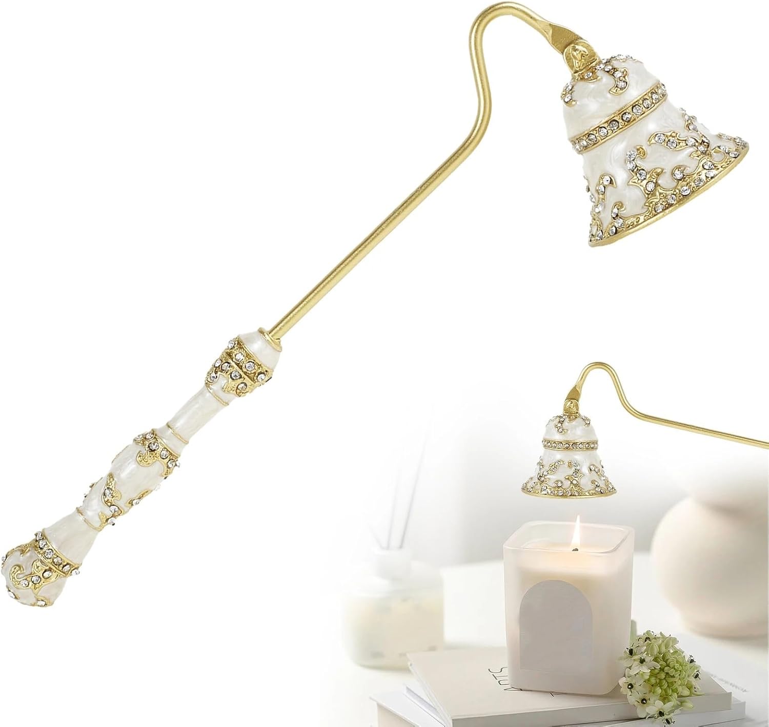 Candle Snuffer Candle Snuffer Metal with Rotatable Handle Vintage Flower Shape Extinguisher Easy to Use Decorative Wick Extinguish The Candle(White Golden 17.5cm)