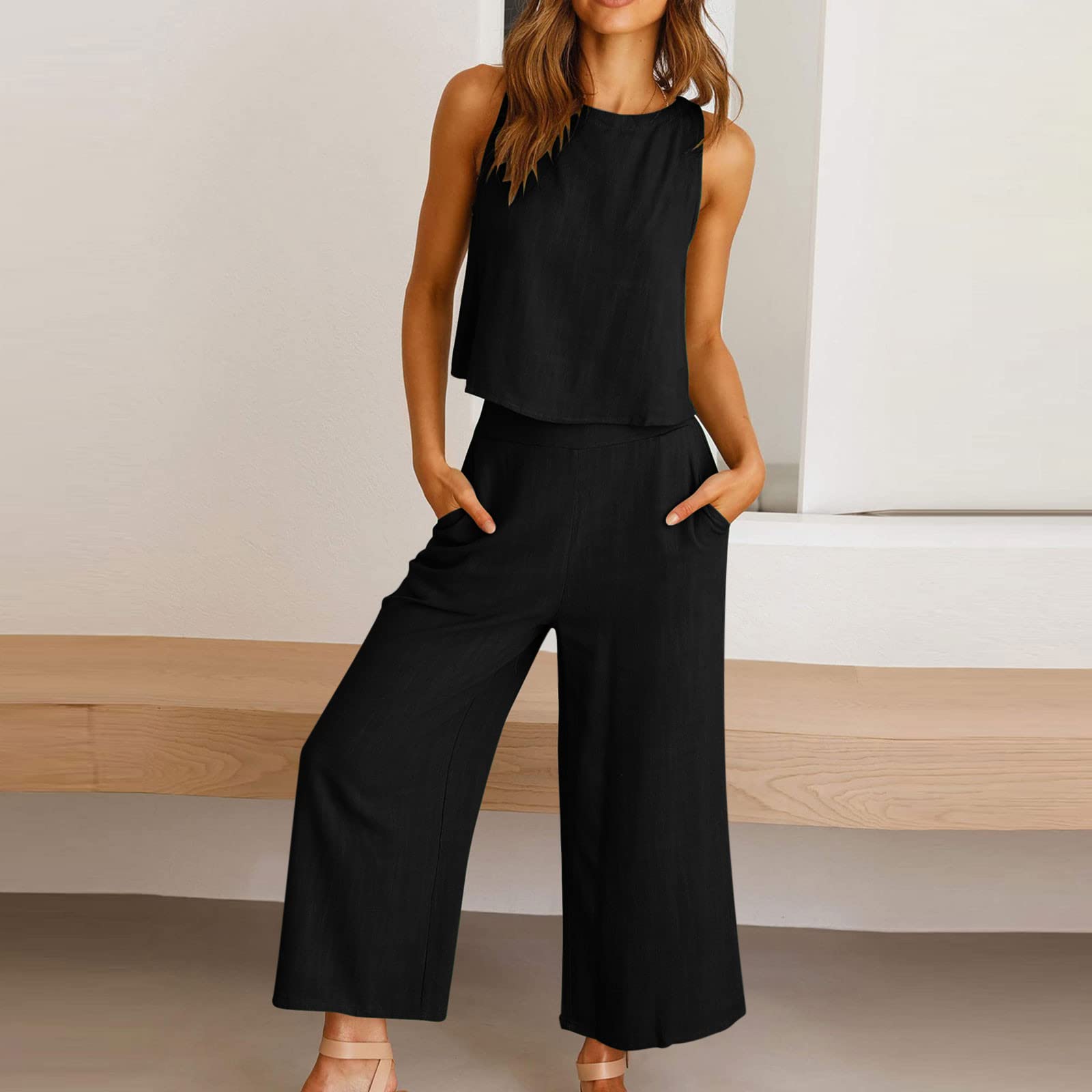Traje de muselina para mujer, de verano, camiseta y pantalón de dos piezas, elegante, de algodón, lino, para correr, elegante, para negocios, informal, ligero, aireado