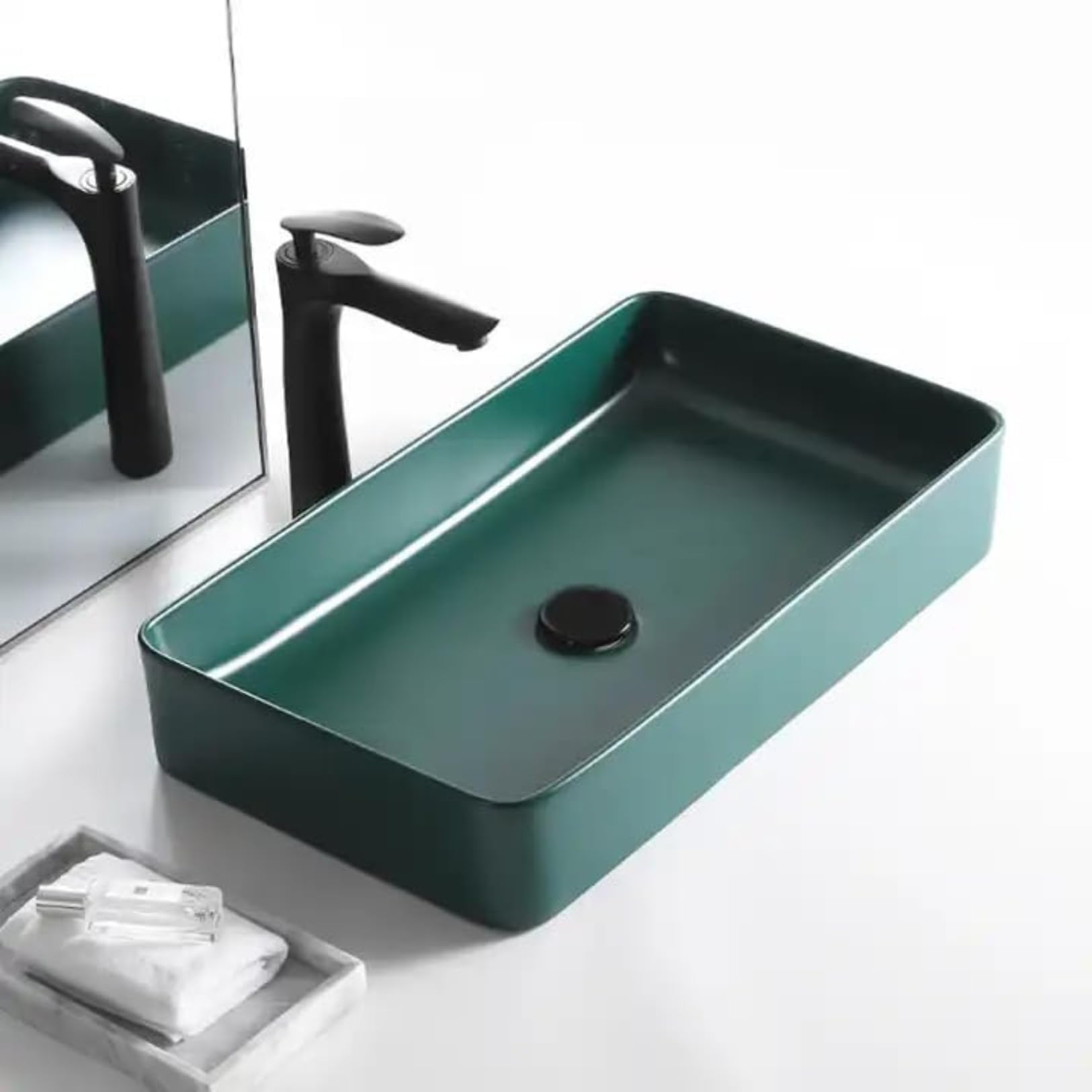 REMANENCE Ceramic Countertop Wash Basin | Designer Table Top Bathroom Basin Sink | Vessel Sink Wash Basin Over Counter for Bathroom, Hotel, Home Living Room (Matte Green Wash Basin, 24 x 14 x 5 Inch)