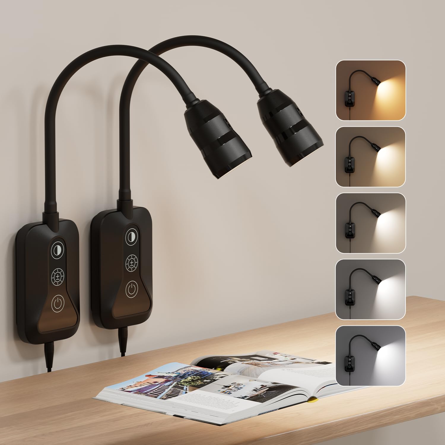 Wandmontierte Leselampe für Bett, Kopfteilleuchte mit 360° flexiblem Arm, Handwellensensor, fokussierter 60°-Strahl, 5 Farbtemperaturen, stufenloses Dimmen, Speicherfunktion, USB-C-Ausgang, Schwarz, 2