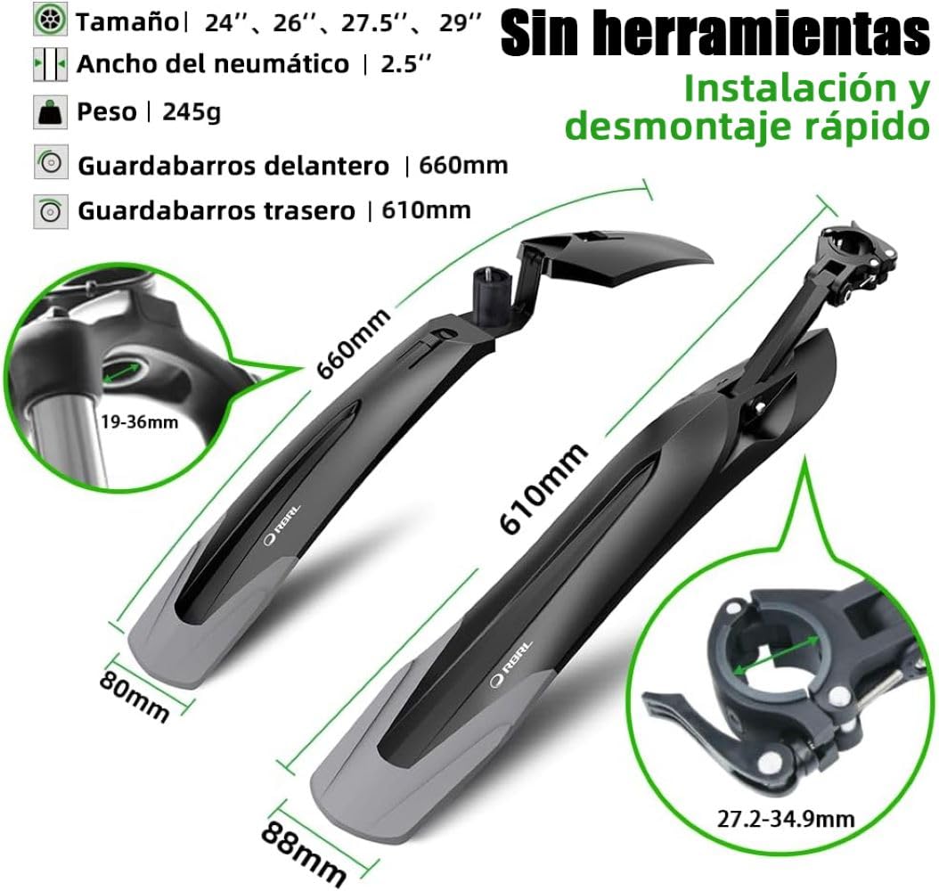 RBRL Guardabarros Bicicleta, Guardabarros de Liberación Rápida, Guardabarros Universales para Bicicletas de Montaña de 24 a 29 Pulgadas, Protege contra Salpicaduras de Agua y Suciedad