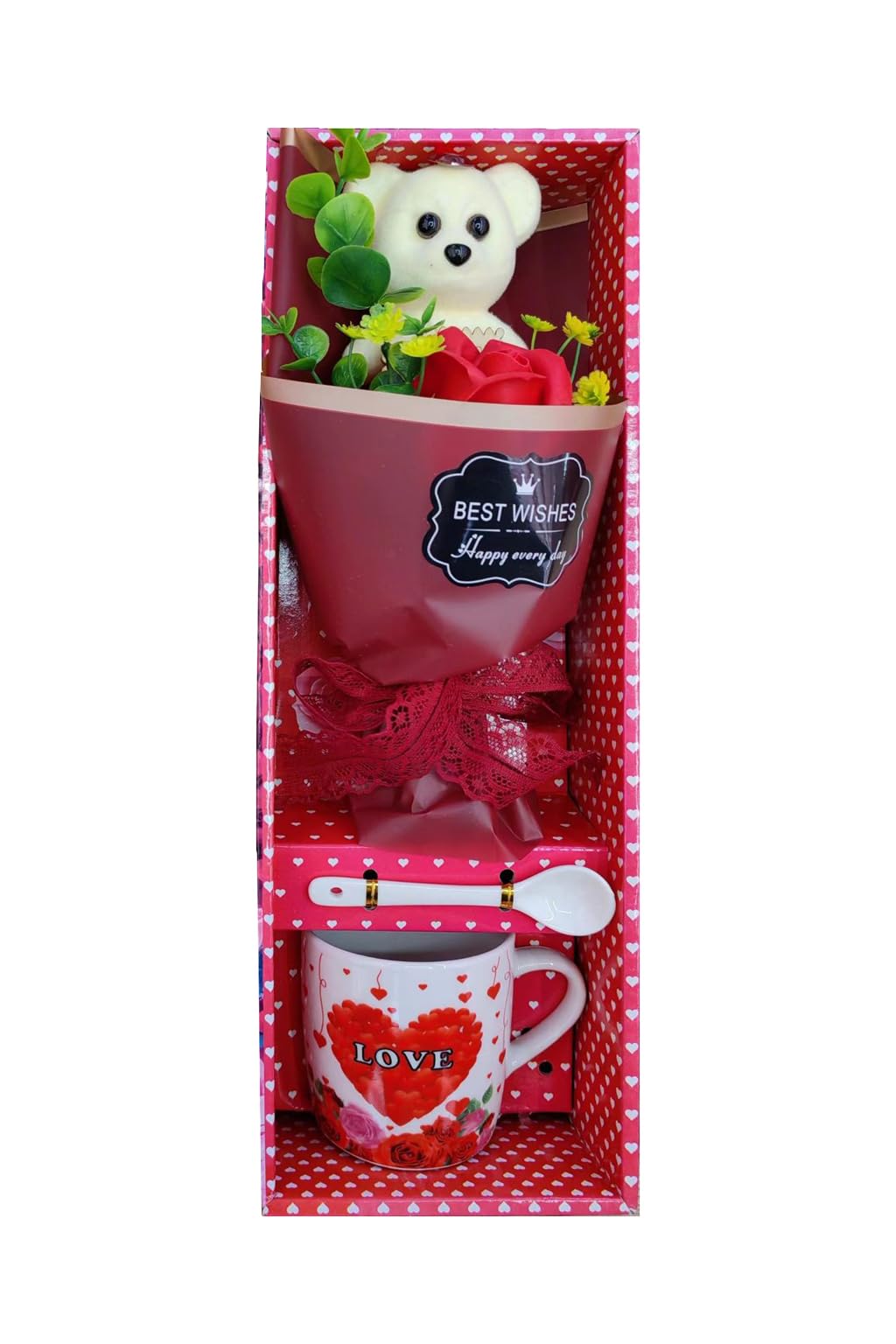 HomeSmart Valentine’s Day Gift Set – Mug with Spoon & Artificial Rose, Perfect for Couples, Anniversary, Birthday, or Special Occasion (Teddy Bear)