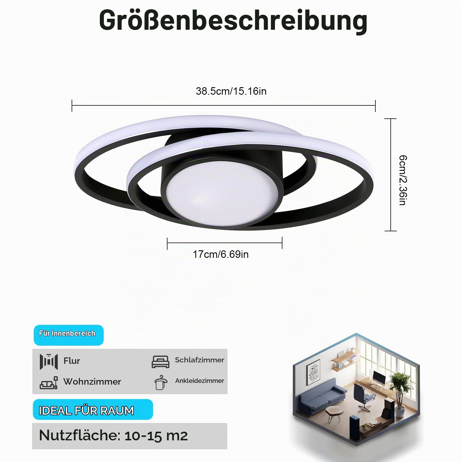 Deckenleuchte LED Dimmbar 39W 4387LM, Moderne LED Deckenlampe Schwarz mit Fernbedienung, Rund Deckenbeleuchtung Wohnzimmer 3000K-6500K für Schlafzimmer Küche Badezimmer, 38.5CM