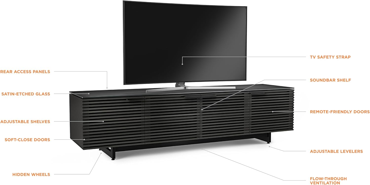 BDI Furniture Corridor 8173-79.25'' TV Stand for TVs up to 85" with Soundbar Shelf, Adjustable Shelves, Cable Management, Ventilation, Tempered Glass Top, Charcoal Stained Ash