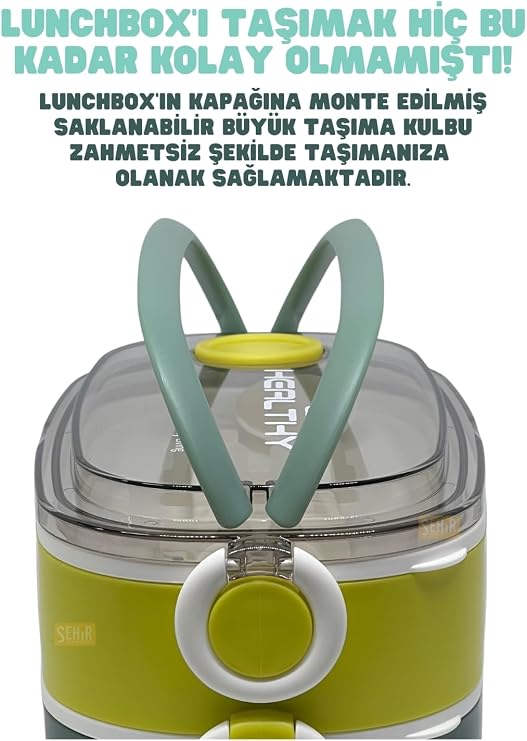 Vagonlife Bento 1300ml Lunchbox 2 Katlı 3 Bölmeli Paslanmaz Çelik Sefer Tası Yemek Kutusu (Koyu Yeşil-Fıstık Yeşili)