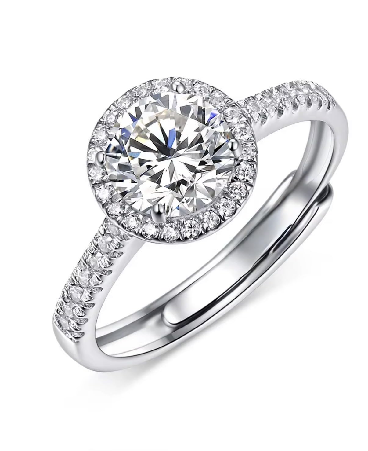 Anello di fidanzamento con halo rotondo, in acciaio inox placcato in platino, strass, regolabile, design elegante