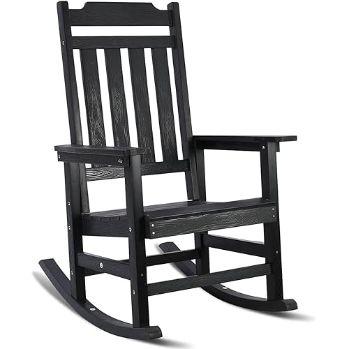 Rocking Chair, All Weather Resistant Poly Lumber Outdoor Porch Rocker, Rocking Chairs for Outdoor, Indoor, Patio, Deck, Garden, Backyard, Load Bearing 380 lbs - Black