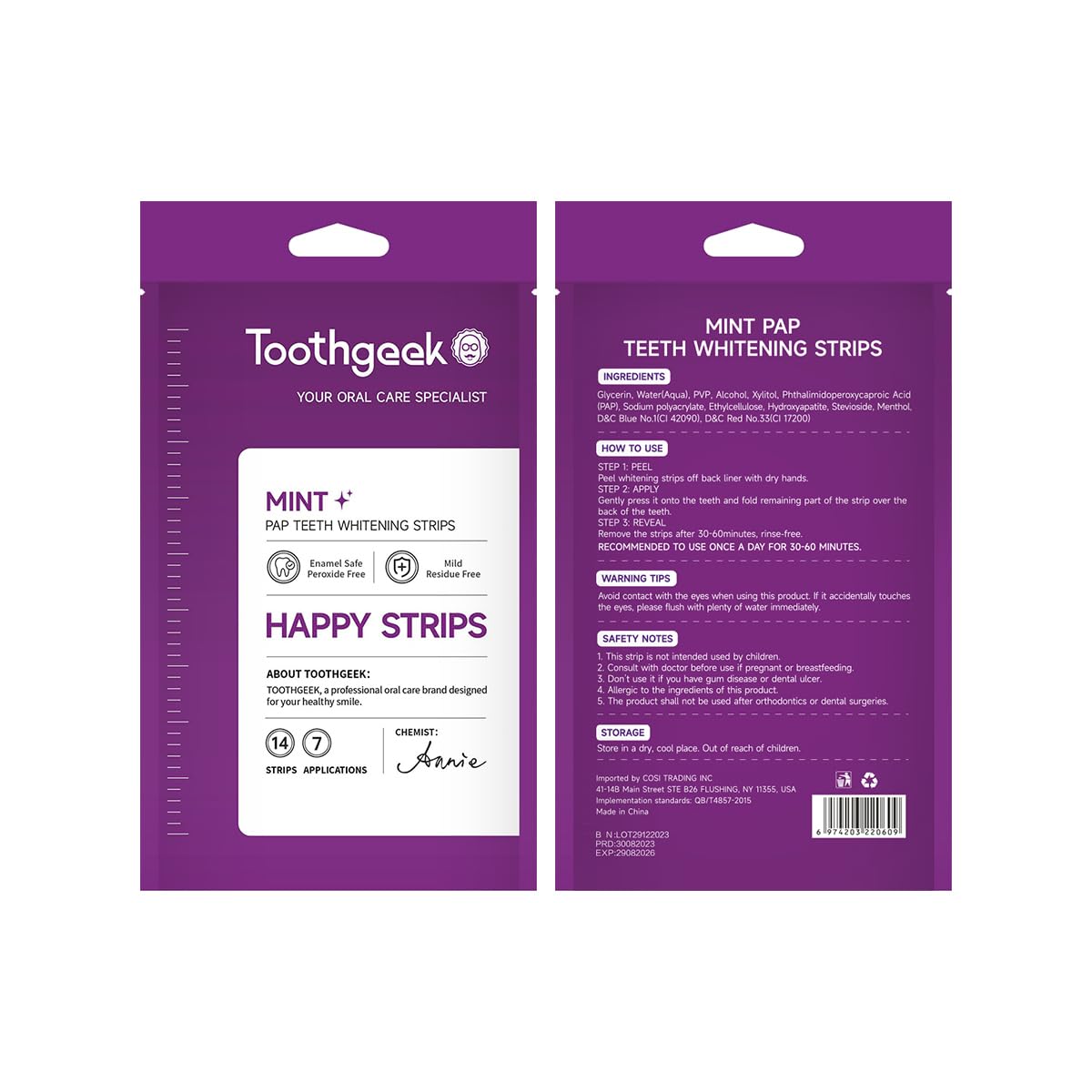 Toothgeek Mint Pap Teeth Whitening Strips 14 Strips 7 Applications Peroxide Free