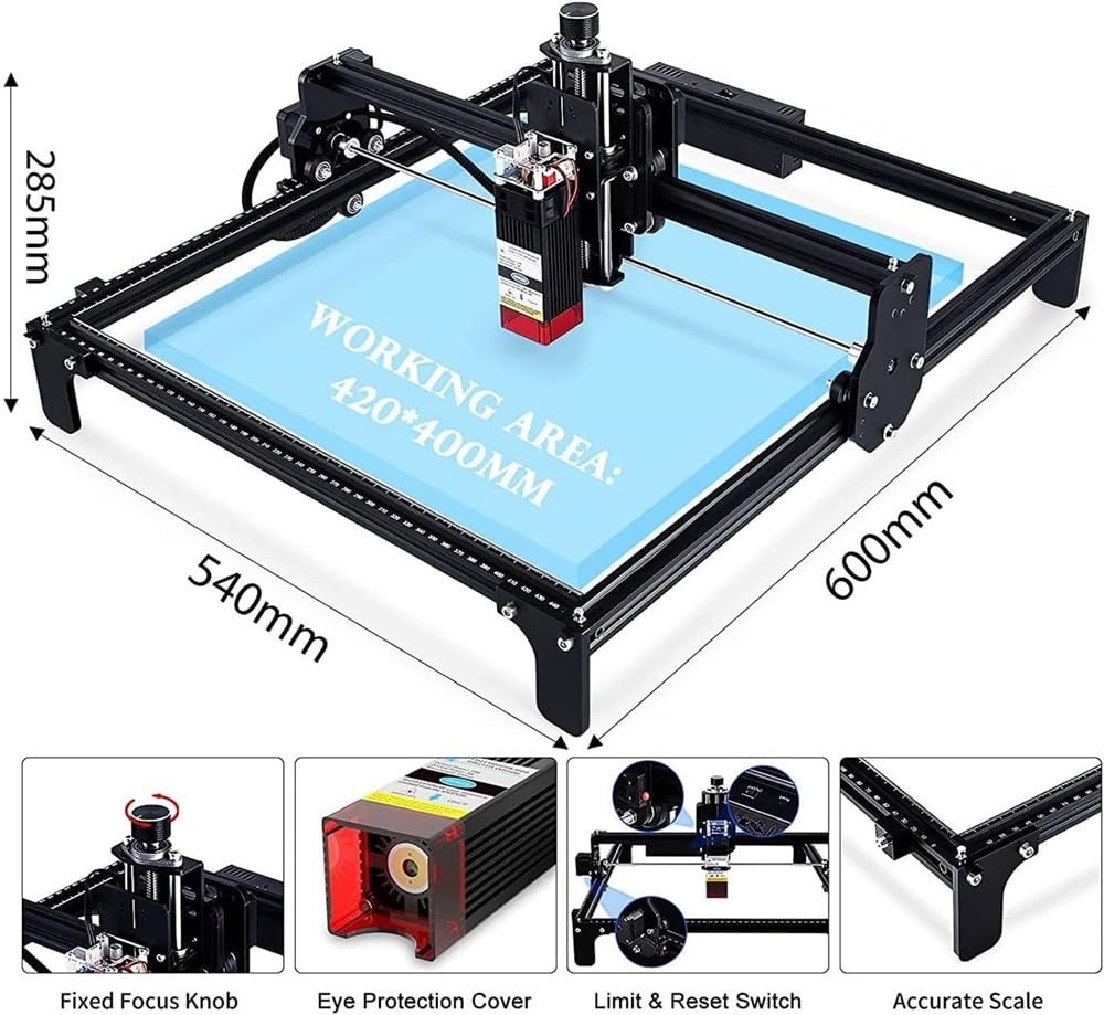 Machine de gravure laser avec protection des yeux, mini cutter et graveur pour bois et cuir, mise au point fixe, zone de travail 420 x 400 mm – Idéal pour les projets de bricolage
