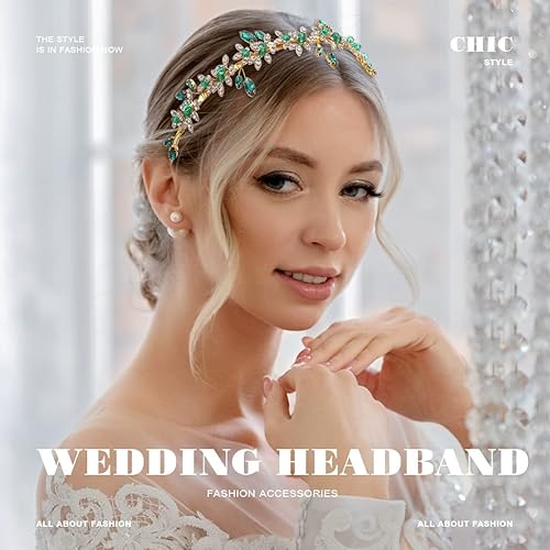 Miniatura 7 de JEAIRTS Diadema de diamantes de imitación verde esmeralda, accesorios para el cabello para mujer