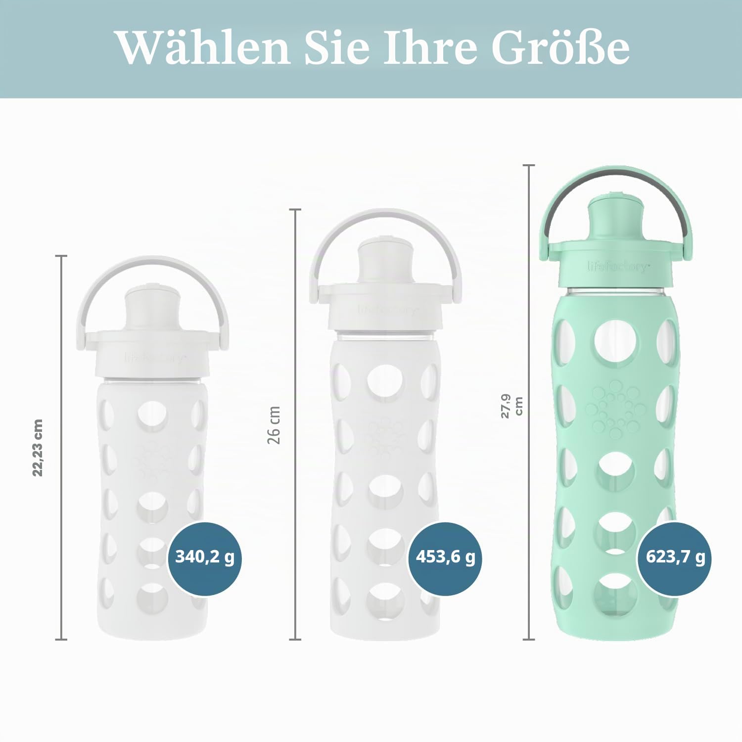 Lifefactory Active Flip Cap Glas-Wasserflasche, 625 ml, Minzgrün | Schützende Silikonhülle, Auslaufkappe, Tragegriff, BPA-frei, wiederverwendbar, spülmaschinenfest