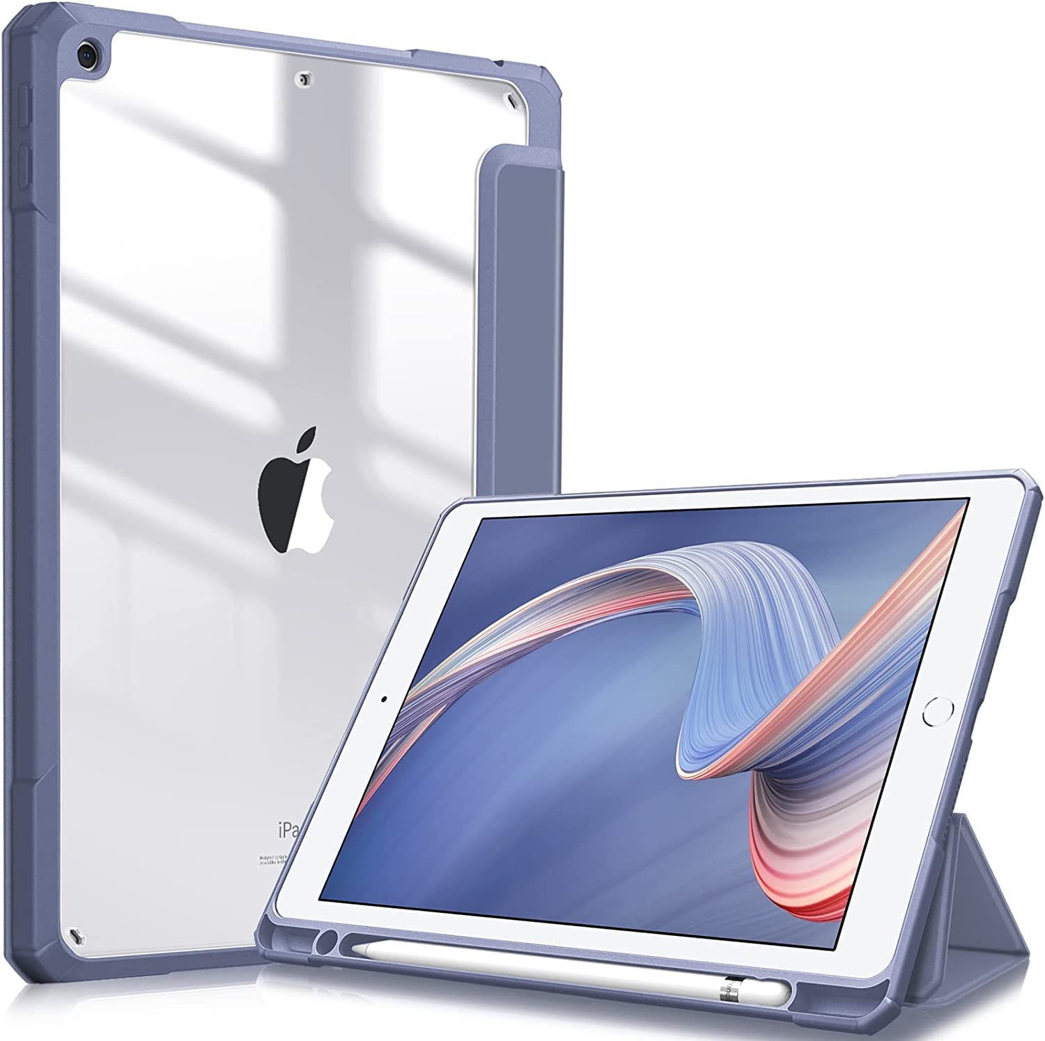 glassologyHybrid Slim Case for iPad 9th / 8th / 7th Generation (2021/2020 / 2019) 10.2/10.5 Inch - [Built-in Pencil Holder] Shockproof Cover with Clear Transparent Back Shell +Screen Protector(Blue)