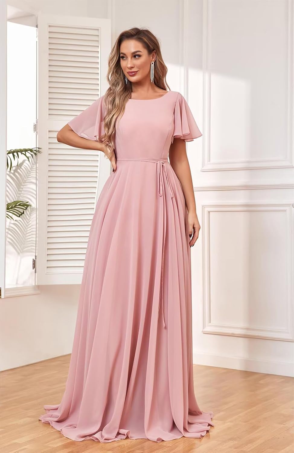 Flutter Sleeve Chiffon Bridesmaid Dresses for Women Long A-Line Formal Gown with Pockets Sash
