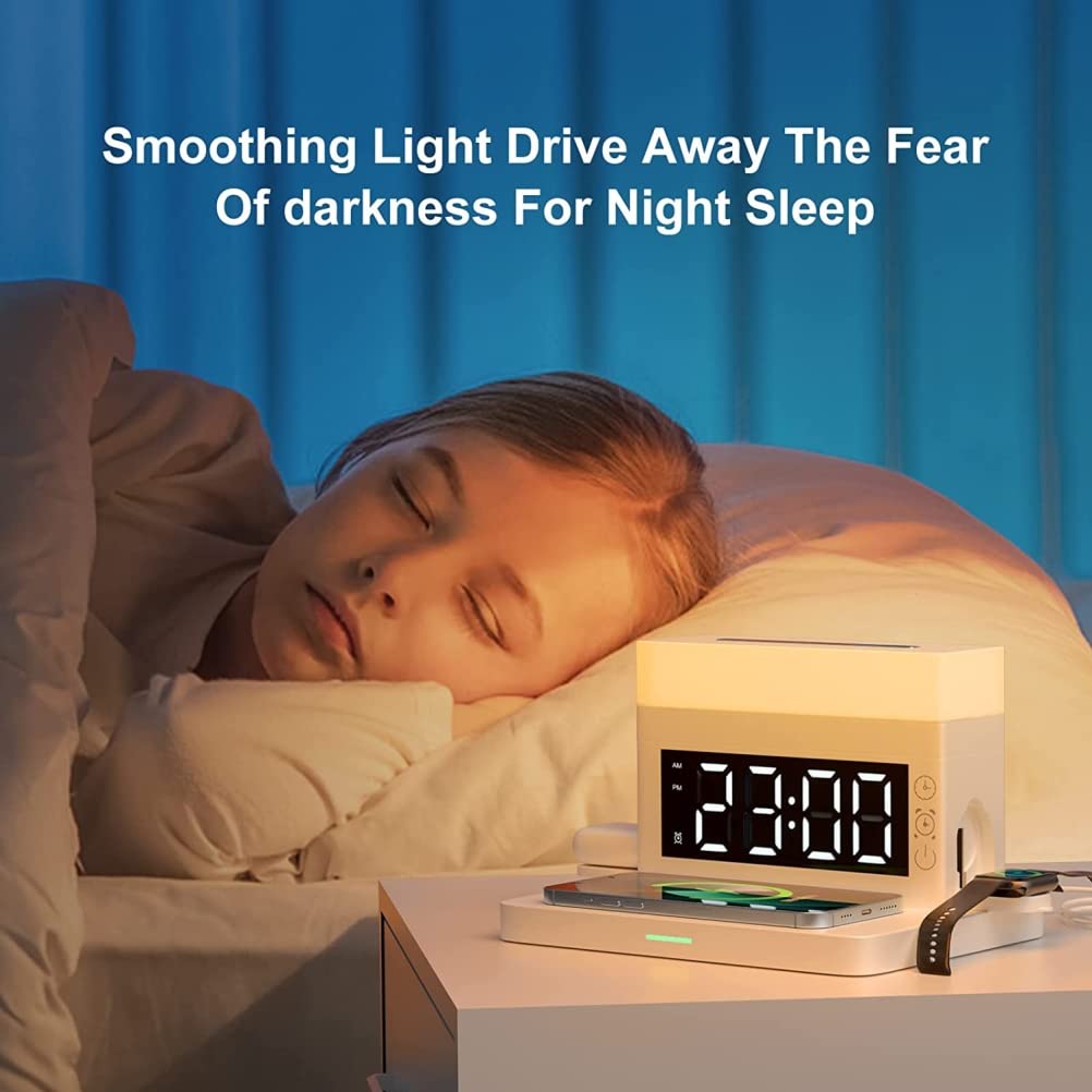 6 in 1 kabellose Ladestation mit LED Nachtlicht Digital Wecker 18W Schnellladung Kompatibel für