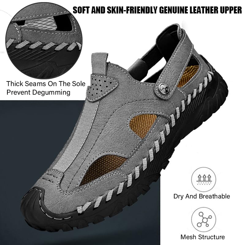 Men's Genuine Leather Handmade Hollow Flat Sports Sandals Lightweight Closed Round Toe Non-Slip Slip-On Summer Casual Breathable Beach Fisherman Shoes4