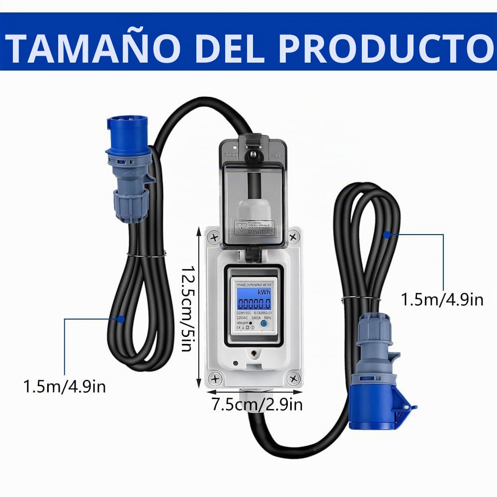 Medidor de Corriente Digital Móvil, 230V 16A Medidor de Consumo de Energía Digital con LED y Reinicio, Resistente al Agua IP65, Portátil para Vehículos Eléctricos, Caravanas, Camping, Exterior