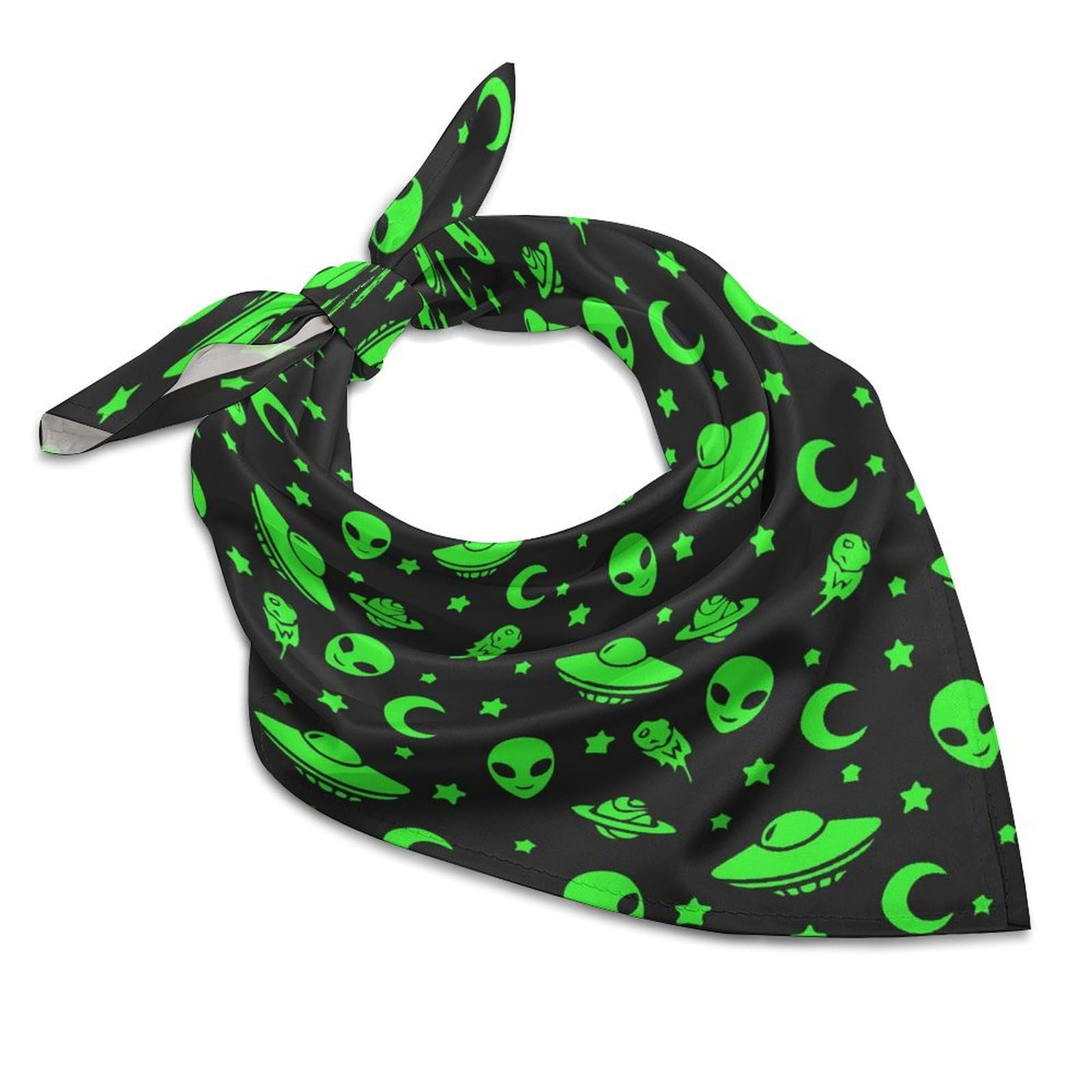 Vintage Scarf Handkerchief for Men Women, Smooth Polyester Bandana Alien Funny Spaceships Planet Green Black, Multi Purpose Face Mask Neck Gaiter