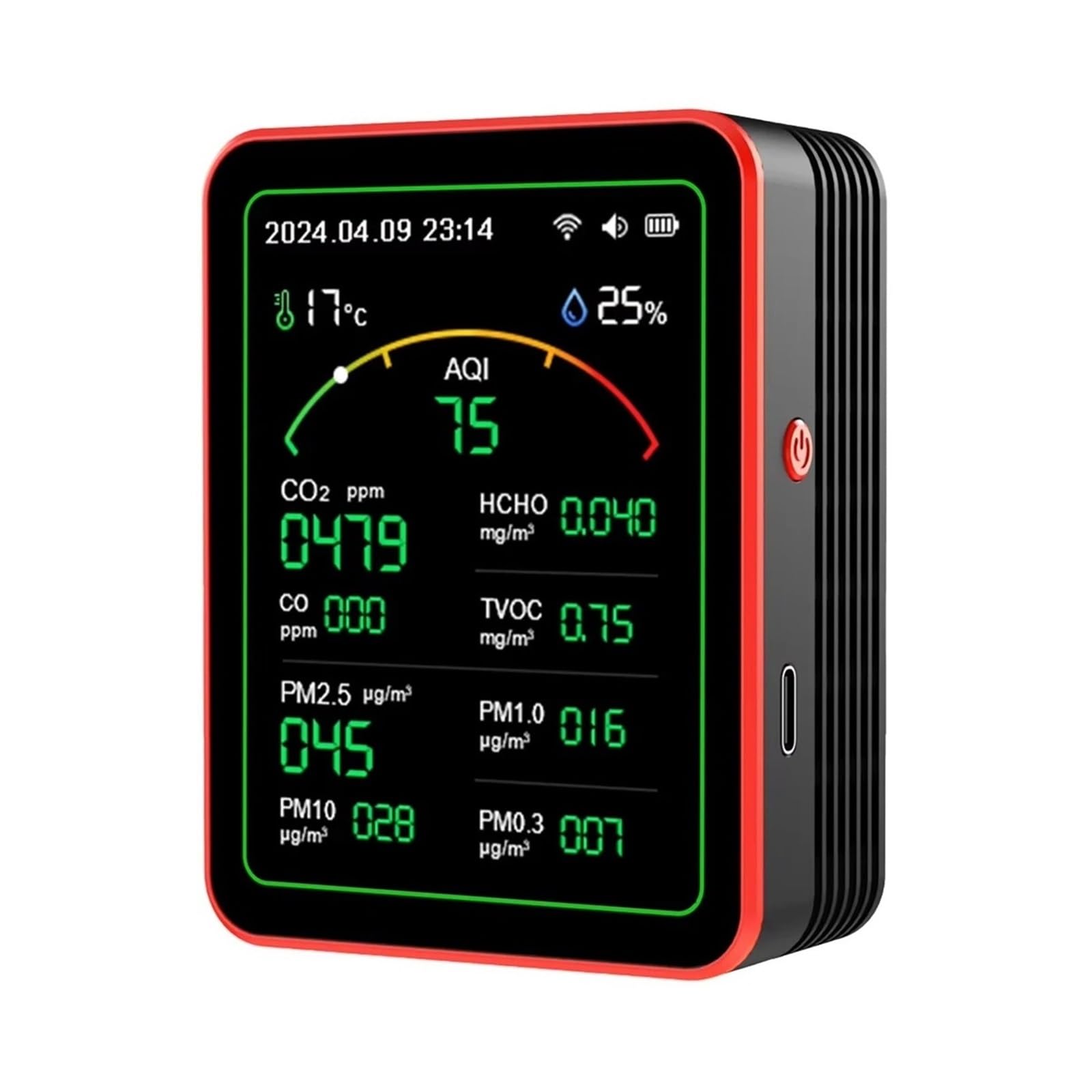 Monitor de calidad del aire, Monitor De Calidad Del Aire 15 En 1 Con Aplicación WiFi, Detector Gas Recargable Por USB, Medidor Sensor PM2.5 PM10 PM0.3 TVOC HCHO CO Co2(MT29 Red Black)