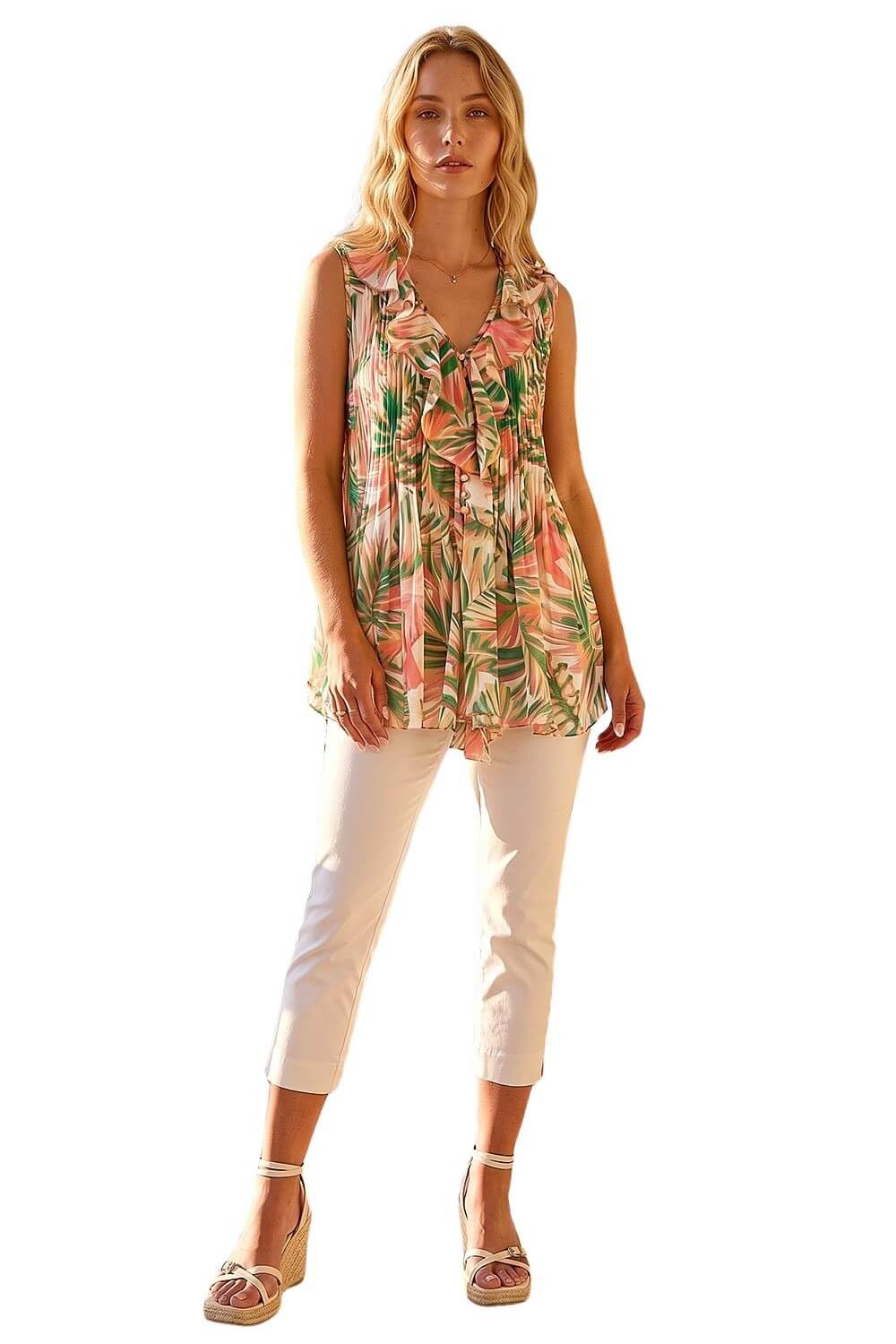 Roman Originals Women's Orange Multi Roman Leaf Print Frill Pintuck Detail Top For Uk - Spring Everyday Summer Holiday V-Neckline Comfy Sleeveless Soft Woven Fabric Shirt Vacation Blouses - Size 12